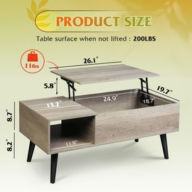 WLIVE Coffee Table for Living Room, Lift Top Coffee Table with Storage, Small Rising Wooden Dining Center Table with Storage Shelf & Hidden Compartment, 39" Greige