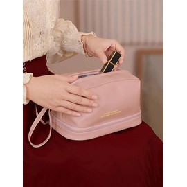 Summer Solid Color Double Layer Makeup Bag for Women for Summer Travel Use, Portable Large Capacity Cosmetic Storage Bag for Women, Portable Toiletry Bag for Back To School, Fall Outfits, Fall Freshness - Color: Baby Pink, Size: Please Refer To The Pictu