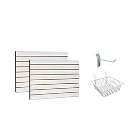 White Slatwall Panels Organizer Kit - Includes (2) - 24" x 48" White Slatwall Panels plus (15) - 6" White Slatwall Hooks and (4) 12" x 12" x 4" White Baskets