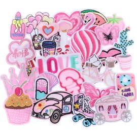 30pcs Pink Random Assorted Styles Iron On Patches, Embroidered Preppy Girl Patches, Cute Sew On Patch Applique for Jackets, Hats, Backpacks, Clothing Accessories