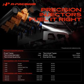 A-Premium Fuel Injectors Compatible with Ford Explorer 2006-2010, Explorer Sport Trac 2007-2009, Mustang & Mercury Mountaineer, V8 4.6L, Set of 8, Replace# 4L8Z9F593AA