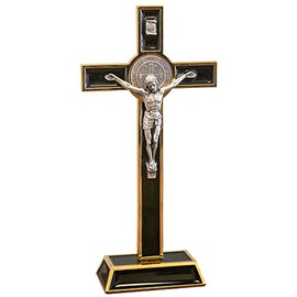Standing Saint Benedict Medal Crucifix | Patron Saint of Students and Europe | Catholic Home Décor | Great Gift for Baptism, First Holy Communion, and Confirmation (Gold-Tone and Black)