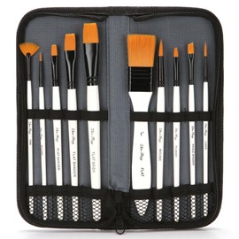 JohnLone Cepillos de Pintura Práctico Juego de 10 Pinceles de Nylon para el Cabello, Bolsa de Lona, Gouache, Acuarela, Kit de cepillos de acrílico Adecuado para Artistas, Cabeza Plana y con Punta