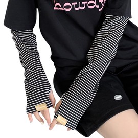 Tophana Women's Arm Cover, UV Protection, UPF 50+ (Certified), 360° Sun Protection from the Back of the Hand to the Arm, Arm Sleeve, Summer, Cute, #09. Thin Stripe-Black-Type 1