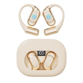 Open Ear Earbuds, Bluetooth Headphones 5.4 Sports with Smart Digital Display, 40H Playtime, Clear Calls,IPx4 Waterproof, Wireless Over Ear Buds Lightweight Design Fit Cycling, Running, Workout(beige)
