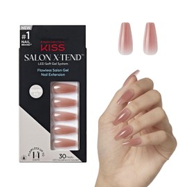 KISS Salon X-tend, Press-On Nails, Nail glue included, 'Flowers', Medium Pink, Long Size, Coffin Shape, Includes 30 Nails, 5Ml Led Soft Gel Adhesive, 1 Manicure Stick, 1 New Mini File, New Prep Pad