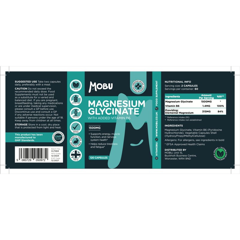 MOBU Magnesium Glycinate 1500mg with Vitamin B6 – 120 Vegan