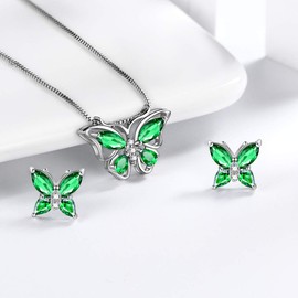 Aurora Tears Butterfly Necklace/Earrings Set 925 Sterling Sliver May Birthstone Green Emerald Jewelry Set Animals Jewelry Gift for Women and Girls DS0045G