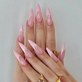 MERVF Long Press on Nails Stiletto Fake Nails Pink French Tip Glue on Nails Star Press ons with Design Almond Acrylic False Nails for Women Glossy 24pcs