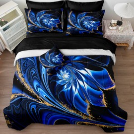 Black Marble Comforter Set King Size Blue Bed in A Bag Black and Gold Swirl Psychedelic Bedding Set Boho Tie Dye Bed Set with Comforter and Sheet Set