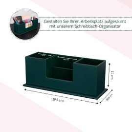 AINAK PU Leather Desk Organiser (4 Compartments) - Pen Holder, Desk Organiser for Office Supplies, Post-its, Notes, Business Cards and More (Dark Green)