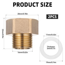 Bewudy Pack of 2 Reducer 1/2 to 3/8, Brass Reducer with Rubber Seal, 1/2 Inch Internal Thread to 3/8 Inch Male Thread Reducer Adapter for Water Pipe Connections