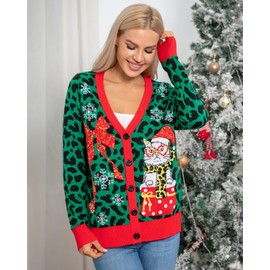 RAISEVERN Cardigans, Women's Christmas Jacket, V-Neck Pullover, Funny Cardigan, Ugly Sweater for Women, Gift, S-XXL, Cat 1