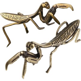 2pcs Golden Praying Mantis Figurines, Vintage Brass Statues- Decorative Brass Animal Ornament DIY Craft, Small Brass Metal Mantis Desktop Ornament, Mantis