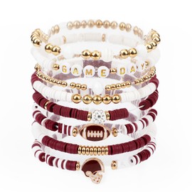 8pcs Game Day Bracelets, Trendy Clay Beaded Bracelets Summer Beach Jewelry Stackable Friendship Bracelets Rugby Football Bangle Surfer Bracelet Jewelry Gifts Game Day Accessories for Family Friends