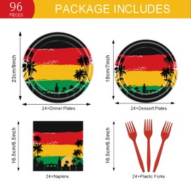 96 PCS Reggae Birthday Tableware Set Disposable Jamaican Rastafari Palm Tree Grafitti Happy Birthday Party Supplies Dinnerware Set for 24 Guests Include Dinner Plates,Napkins,Forks