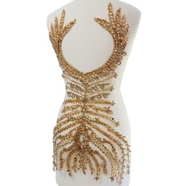 PLune Large Size Handmade Rhinestones lace Trim Patches sew on Beads Appliques for Wedding Party Evening Dress Accessories 26X14inches (Champagne Back)