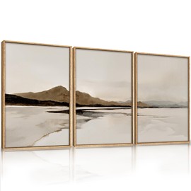 Ausril Beige and Brown Foggy Framed Canvas Wall Art Set, Modern Misty Landscape Wall Decor, Abstract Mountain Lake Wall Painting, Minimalist Nature Art Prints for Living Room, Bedroom - 24"X36"X3