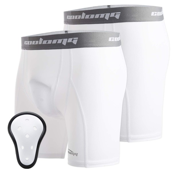 COOLOMG Sports Compression Shorts with Cup Youth Boys Sliding Shorts Baseball Football Protective Tights White M