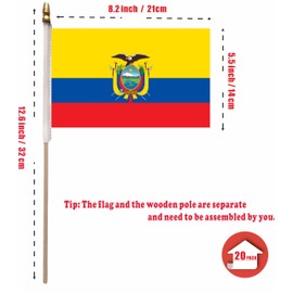 NJ & NJBW 20 Pack Small Mini Ecuador Flag on Wooden Stick - 5 x 8inch Miniature Portable Handheld Pole Ecuadorian Flags Decorations