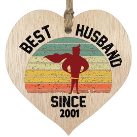 24th Wedding Anniversary Wooden Heart Plaque - Best Husband Since 2001 - Light Wood Sign Keepsake, Celebrate Anniversary Wife Husband Partner, Twenty-Fourth Anniversary Plaque with Quotes Gifts