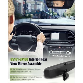 Inside Rear View Mirror Fit for Hyundai and Kia, Fit for Accent Elantra Tucson Santa Fe Sonata Forte Optima K5 Rio Sportage Soul EV Stinger Sedona Replacement part 85101-3X100