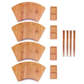 BambooMN Bamboo Sushi Plate / Tray, Chopsticks and Compartment Sauce Dish, 10.6" Fan - 4 Sets