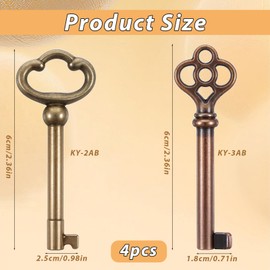 4Pcs Skeleton Key Hollow Barrel Skeleton Keys,KY-2AB and KY-3AB Universal Barrel Replacement Key,Antique Brass Skeleton Keys for Vintage Furniture and Locks