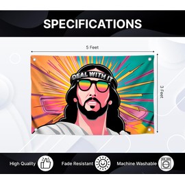 3x5 Ft Funny Christian Jesus Polyester Flag "Deal With It" with Four Brass Grommets - Religious Colorful Cool Banner for Wall Decor - Khristian Jesus American Flag for 4th of July - God Flag for Home