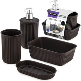 Superio Ribbed Collection - Decorative Plastic Bathroom Accessories Set, Brown (Set of 4) Soap Dish, Liquid Dispenser, Toothbrush Holder Cup, Vanity Organizer Tray Bathroom Countertop Decor Gift