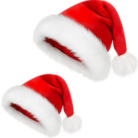 2 Plush Santa hats Adult + Kids Red and white unisex Classic Santa Hats New Year's Party Holiday Party
