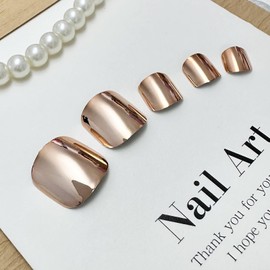 Chrome Press on Toenails Glossy Fake Toe Nails Glue on Toenails Flash Acrylic Toe Fake Nails Gold Stick on False Toenails with Design Full Cover Glue on Toe Nails for Women Manicure 24Pcs
