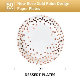 CENLBJ Rose Gold Dots Party Paper Plates, 50 PCS Disposable Party Supplies Dessert Paper Plates for Birthday Party,Wedding Birdal Christmas Baby Shower (7 inches)