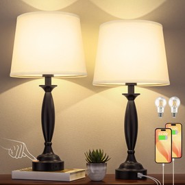 White Lamps for Bedrooms Set of 2 - Touch Control Bedside Lamp with USB C+A, 3 Way Dimmable Nightstand Lamps with USB Port, Table Lamp for Living Room(White Shade and Black Base)