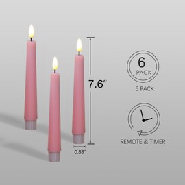 Eywamage Short Pink Flameless Taper Candles with Remote, Flickering Battery LED Wax Candlesticks Set of 6