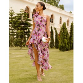GRACE KARIN Womens Floral Summer One Shoulder Ruffle Maxi Dresses Flowy A-Line Beach Boho Sundresses Apricot Pink 16