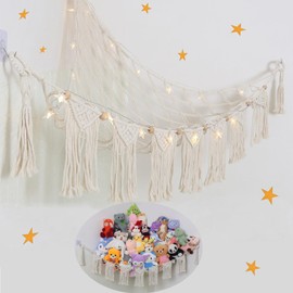 Large Stuffed Animal Hammock or Net, Macrame Boho Toy Hammock with LED Light, Decorate Net for Stuffed Animals Corner, Space Saving Hanging Stuff Animal Organizer Holder for Kids Bedroom Playroom