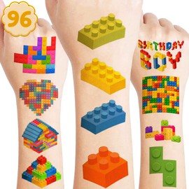 96PCS Building Block Temporary Tattoos Birthday Party Supplies Decorations Tattoos Stickers Cute Party Favors Kids Girls Boys Gifts Classroom School Prizes Themed