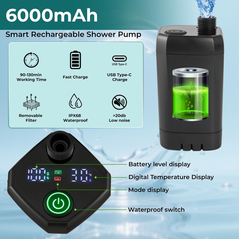 Portable Camping Shower Kit: 7ft Tent, 6000mAh Pump, 1500W Heater