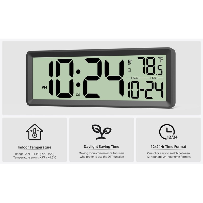 14" Large Digital Wall Clock Battery-Operated with Temperature, Date, DST