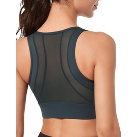 Yvette Women's Sports Bra with Front Closure Mesh Racer Back Full Coverage Running Fitness Riding Bra, gray
