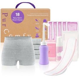 PurComfy 18 Pcs Postpartum Essentials Recovery Kit, Includes 5 Disposable Underwear, 24 Perineal Pad Liners, Perineal Care Foam, 5 Instant Ice Pads, Peri Bottle and 5 Postpartum Pads