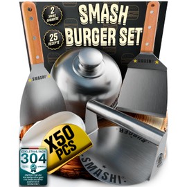 Smashi Smash Burger Set with Wooden Handles, Grill Accessories Made of 304 Stainless Steel, Burger Press, Spatulas & Burger Bell, Includes 25 Recipes (Classic)