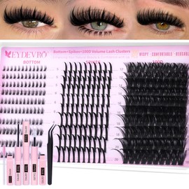 EYDEVRO Volume Eyelash Clusters Kit 100D Lash Clusters with Spikes Lash Extension Kit Bottom Lashes Wispy Cluster Eyelash Extensions 300 Pcs Spiky Lash Clusters Kit Lash Bond and Seal Tweezers Brushes