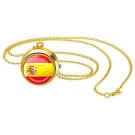 JewelryWe Pocket Watch Men's World Cup Flag Chain Watch Analogue Quartz Watch with Necklace Chain Pocket Watch Gift for Men Women, spain, Classic