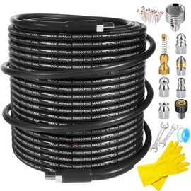 Sewer Jetter Kit for Pressure Washer 110FT, 5800PSI Drain Cleaner Hose 1/4 Inch NPT Corner, Rotating Button and Spray Sewer Jetting Nozzle, Water Jet Drain Cleaner Spanner Tape Pearl Corsage Pin Glove