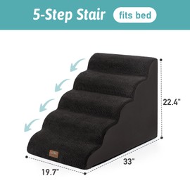 COZY KISS Extra Wide Dog Stairs 19.7" Width, Large Pet Step for Small Medium Dog, Puppy or Cat, Ramp for High Bed or Car, High Density Foam Ladder, Stable, 5 Step, 19.7x33x22.4 inch, Black