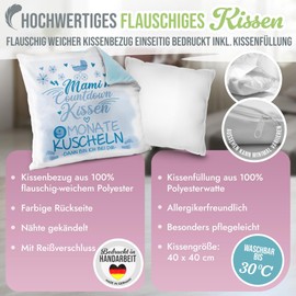 PR Print Royal Flauschiges Kissen mit Spruch - Mami Countdown - blau, Geschenk zur Schwangerschaft, werdende Mutter, Babyparty, Dekokissen 40 x 40 cm, inkl. Kissenfüllung, Rückseite Hellblau