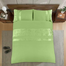 Casabella Luxury Crushed Velvet Panel Band Duvet Cover Sets with Pillow Case Double Duvet Cover Bedding Set – Sage Green Crush Velvet Double Duvet Cover Sets