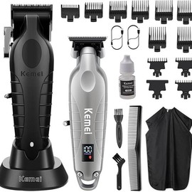 Kemei-2293+2296 Combo Men's Hair Clipper, Professional Hair Clipper and Trimmer Set, Men's Cordless Zero-Clearance Trimmer with LED Display, 11 Guide Combs LCD Display glaker hair - Color: Kemei-2293S+2296